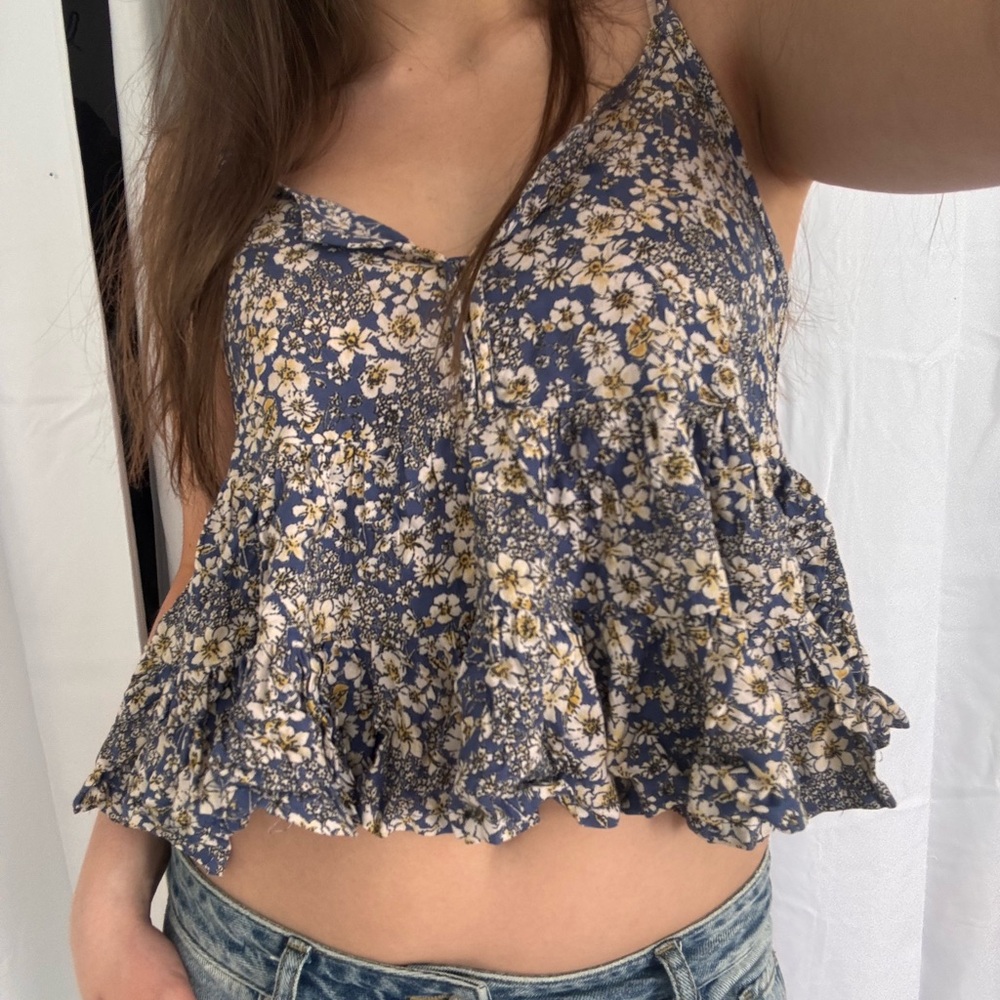 Patrons of Peace Blue and Tan Ruffled Crop Camisole